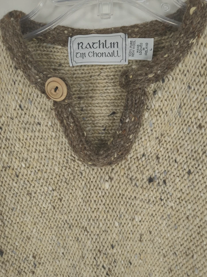 Suéter Rathlin Adulto Grande Marrón Tejido Lana Pullover Cuello en V Hecho a Mano Irlanda Foto 2 de 4