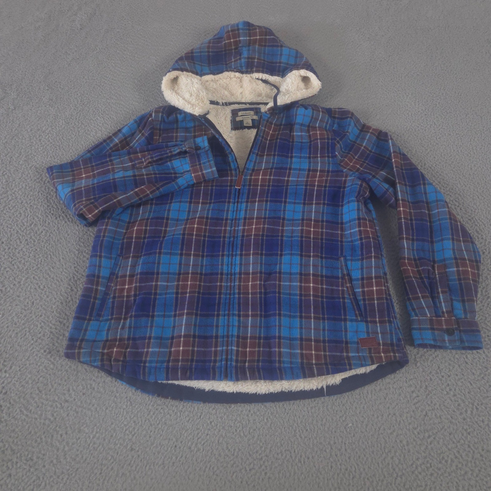 L.L. Bean Jacket Womens L Blue Scotch Plaid Flannel Sherpa-Lined Zip Hoodie