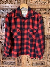 VTG 50s 60s Shadow Plaid Shirt Loop Collar Red Black Wool Button Down Board Flap