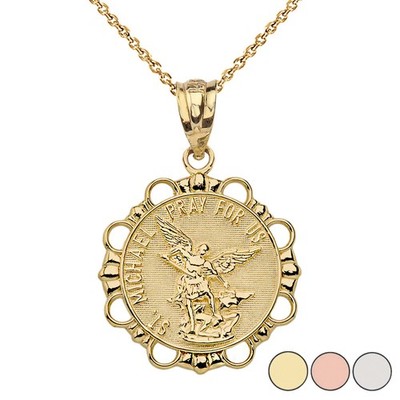 Gold Round Saint Michael Pendant Necklace (Two Tone/Yellow/Rose/White)