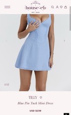 NWT House Of CB Blue Pin Tuck Mini Dress Tilly - Size Large - Ribbon Attached