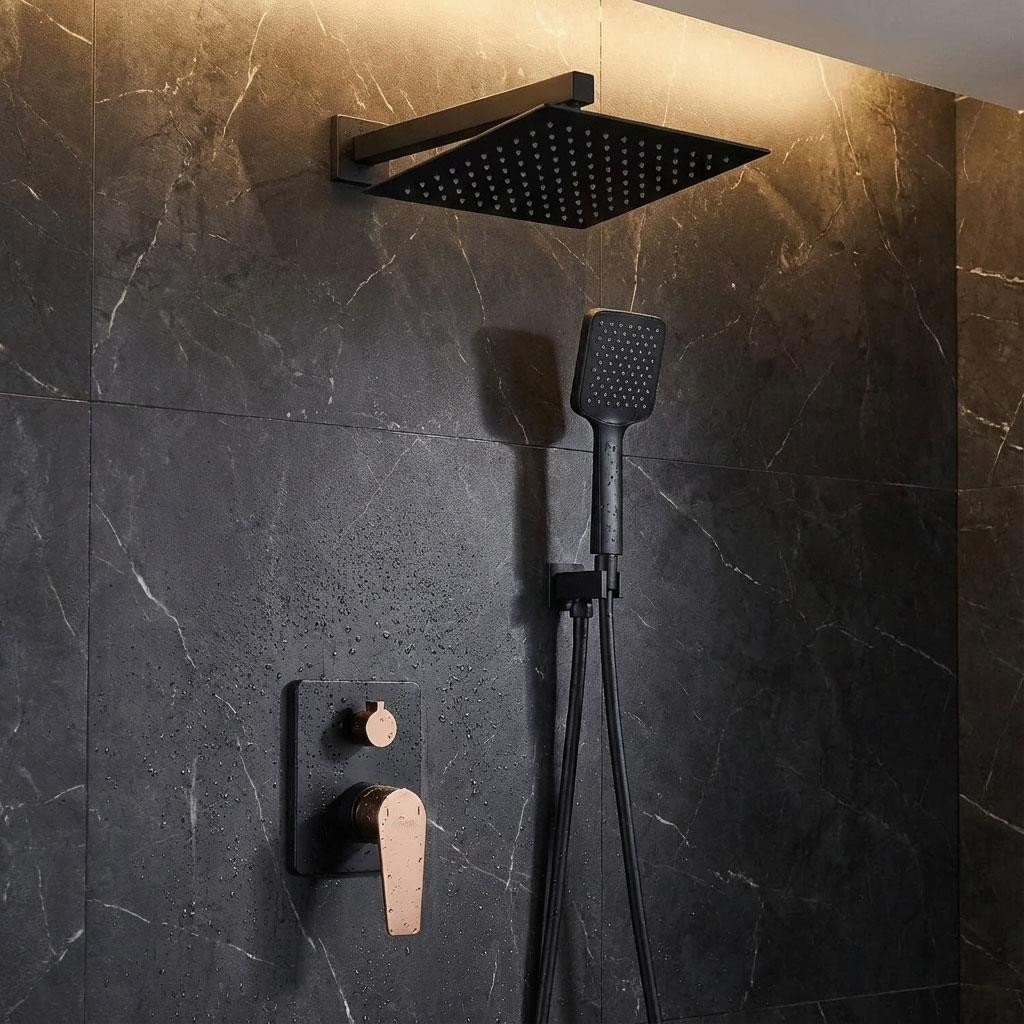 Black Rose Gold Concealed Shower Mixer Set Rainfall Diverter