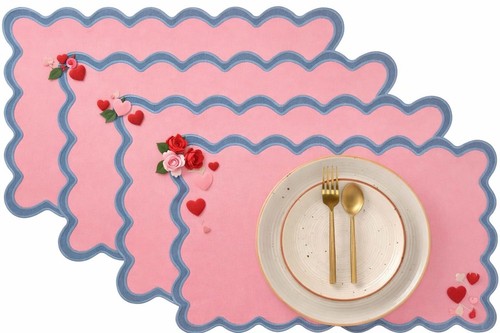 Folkulture Valentines Placemats Set Of 4 (13 X 19) |100% Cotton, Scalloped Pink