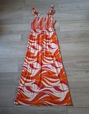 Papaya Orange Abstract Print Flared Maxi Dress Stretch Tie Straps Holiday UK10