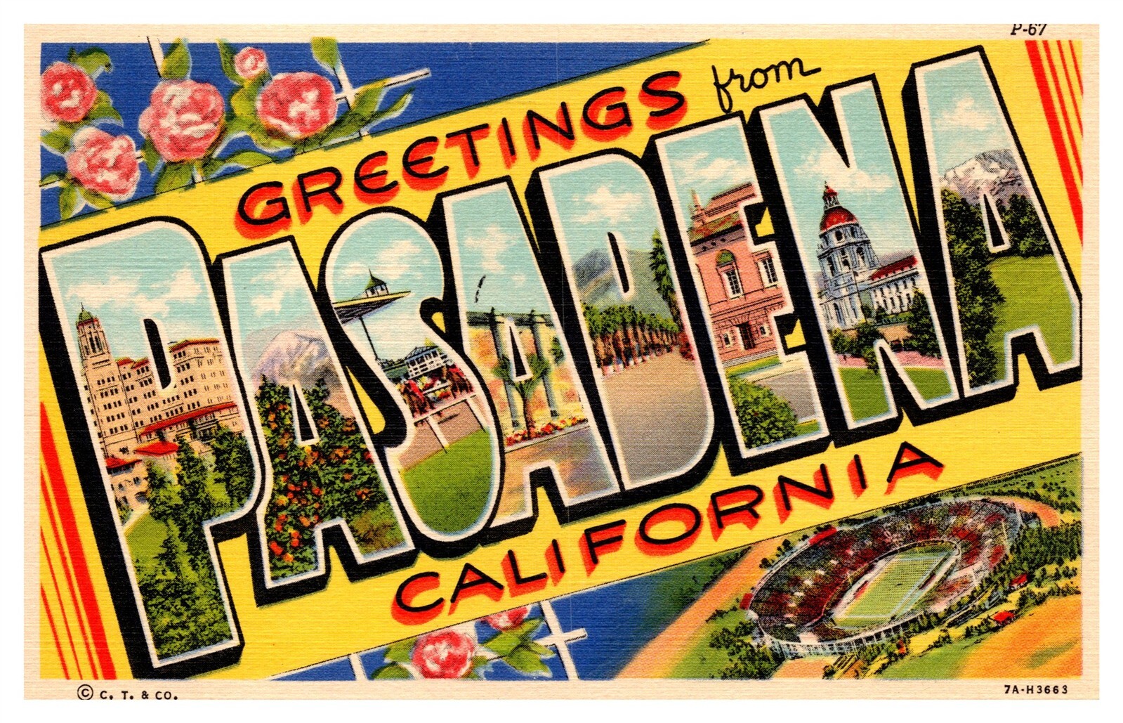 Greetings From Pasadena CA Large Letter Multi View Linen Postcard AE15