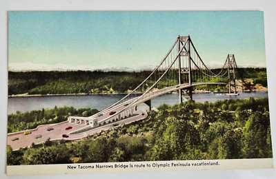 New Tacoma Narrows Bridge Olympic Peninsula Vacationland Card Vintage 50s