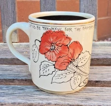 Artables Now & Zen Studio Coffee Mug Tea Let Us Be Thankful Pottery Flowers Gold