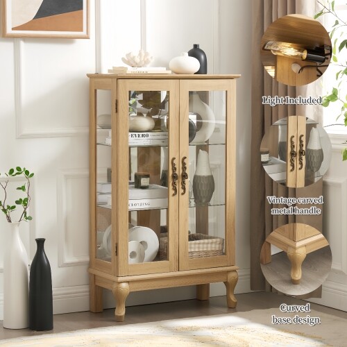 Oak 2 Doors Curio Cabinet with Tempered Glass Doors with Mirrored Back Panel - Picture 8 of 17