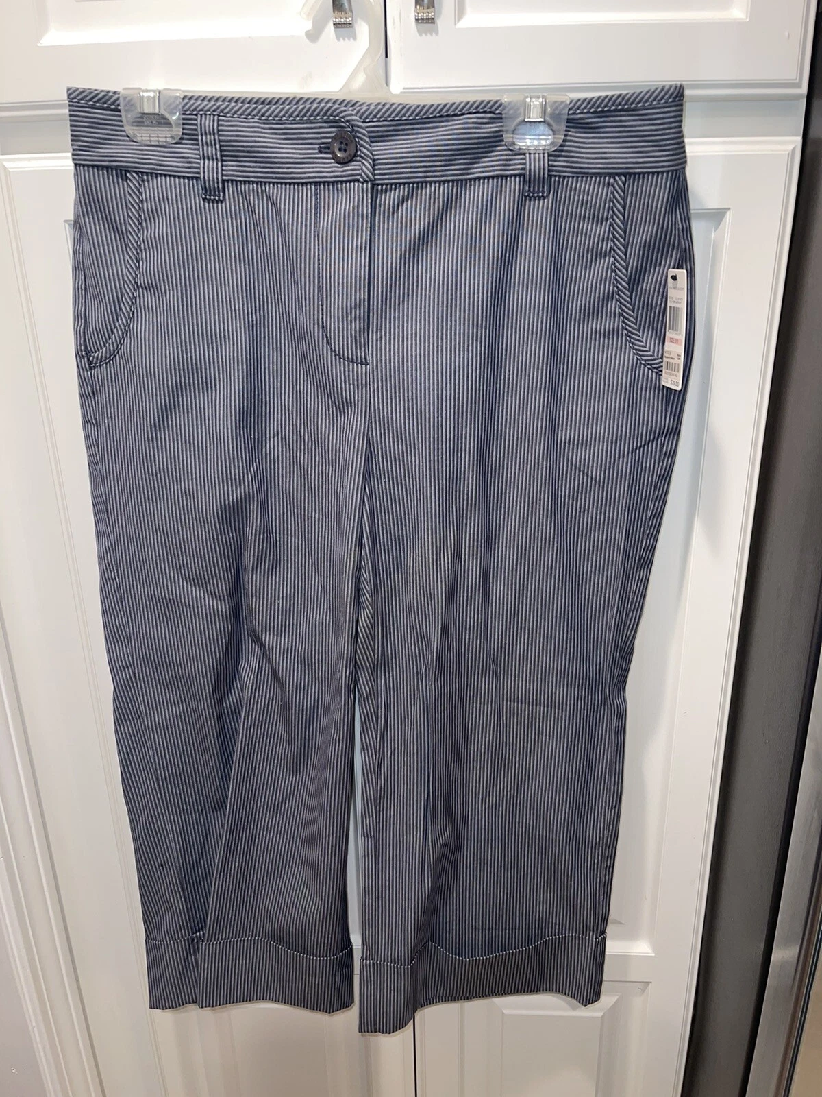 Nautica Womens Capri Pants Gray Blue Stripes Size 10 Stretch NWT