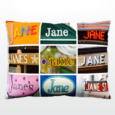 Personalized Pillow featuring the name JANE in photos of signs