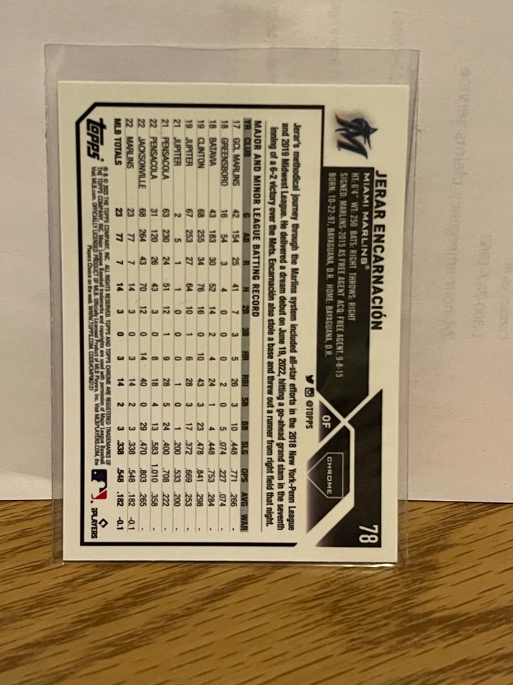 2023 Topps Chrome Baseball Card Jerar Encarnacion Rookie Rc Miami Marlins #78 - Image 2 of 2