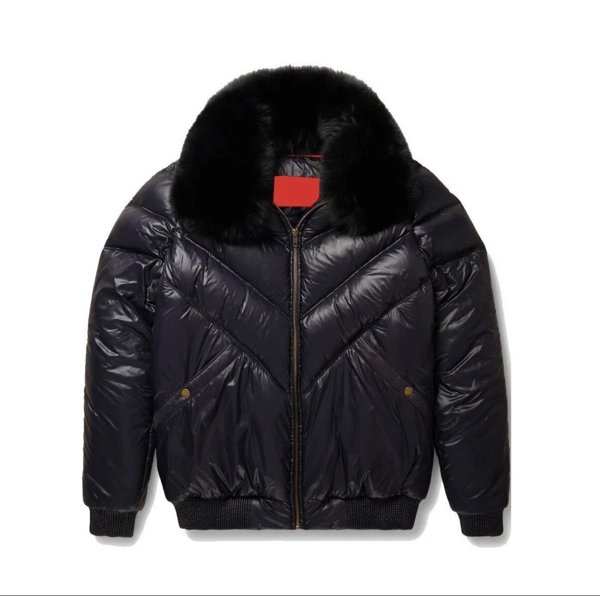 Men’s & Women’s Leather V-Bomber Aviator Fur Puffer Jacket - Black Puffer Jacket