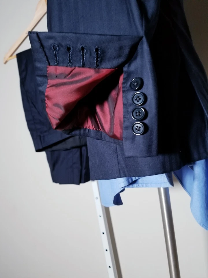 Traje Chaqueta Martin Greenfield Azul Marino Rojo Forro 2 piezas 40S Pantalones W34 X 26 Foto 4 de 4