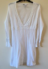 Charlotte Little Womans Jr Xl Beach Cover Tunic Top White Cotton Long Sleeve