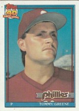 FREE SHIPPING-MINT-1991 Topps Tommy Greene #486 PHILLIES-40 YEARS OF BASEBALL