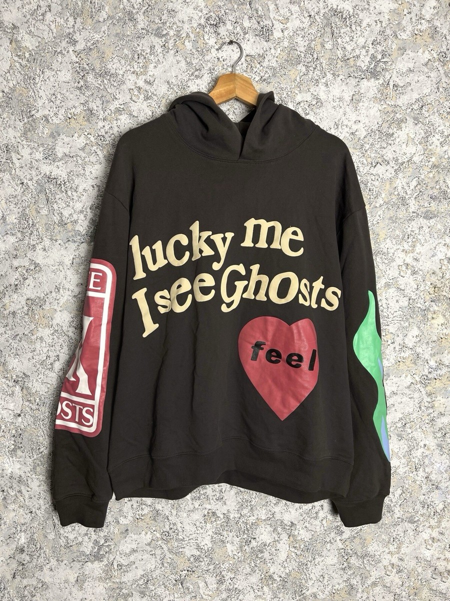 Lucky Me I see Ghosts Kanye West Style Brown Baggy Hoodie Flame Pullover  Size M