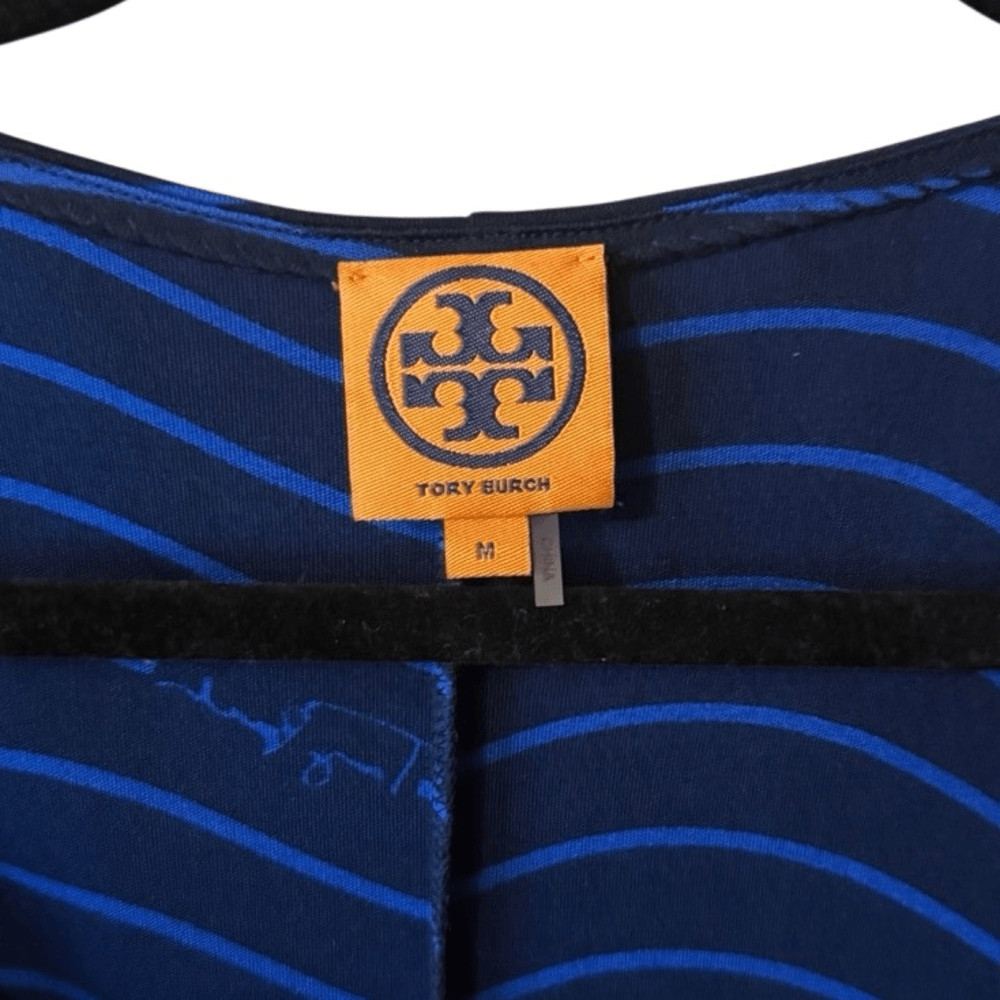 Tory Burch- Women’s Silk Stretch Blue Striped V-Neck Midi Dress Medium thumbnail 2