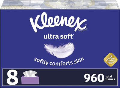 Ultra Soft Facial Tissues, 8 Flat Boxes, 120 Tissues per Box (960 Total Tissues)