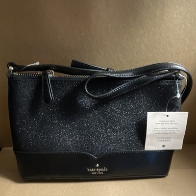 kate spade new york Black Glitter Crossbody Bag Zip Logo Silver Hardware Strap