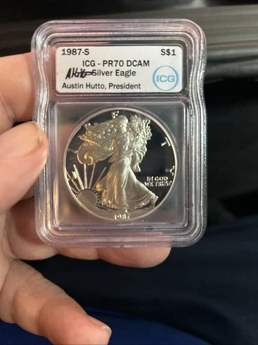 ✰ 1987-S 1 Oz PROOF American SILVER Eagle ICG PF70 DCAM Hutto Signed Label ASE ✰