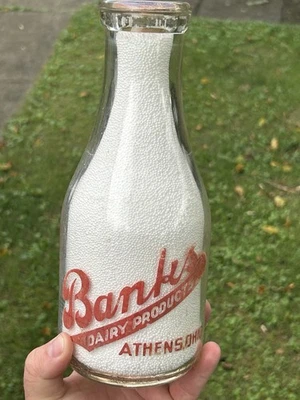 Athens OH Ohio Banks Milk Bottle Quart Dairy Pyroglaze Vintage - Image 1 of 4