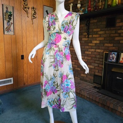 Vtg 40s Old Hollywood Plunging Sheer Silk Huge Floral Midi Garden Party  Dress S | eBay