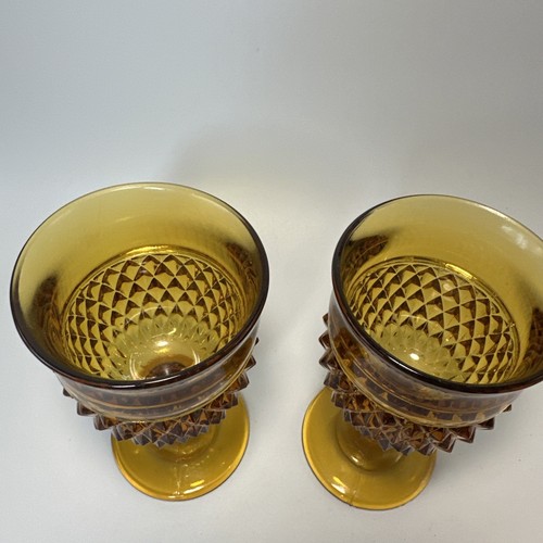 #S15-Vintage Indiana Amber Glass Goblets Diamond Point Set of 2 - Picture 3 of 4