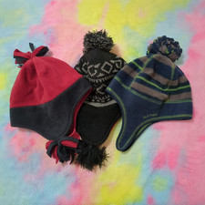 Mixed Beanie Hats Winter Boys Large Black Blue Red Knit Fleece Poms Lot Of 3