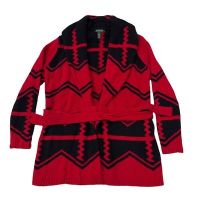 RALPH LAUREN Womens Large 100% Lambswool Belted Cardigan Sweater Aztec Navajo
