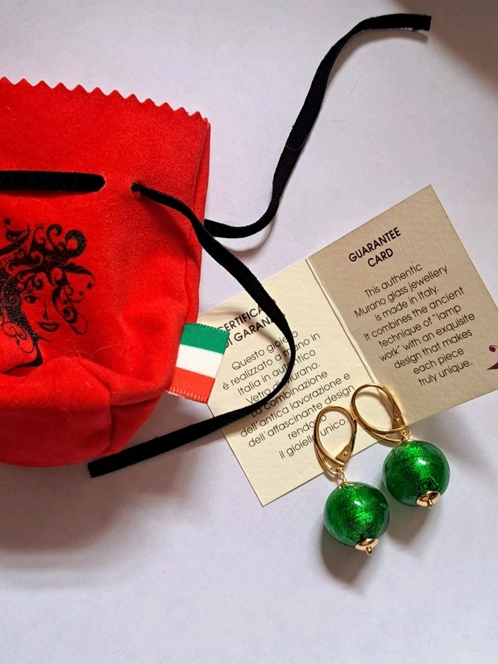 Pendientes colgantes Italia cristal verde Murano oro 18k sobre plata de ley 925 1,5" Foto 4 de 4