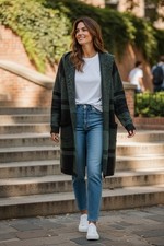 Cyrus Women’s Hooosed Open Front Cardigan, Green And Black Plaid Size Medium