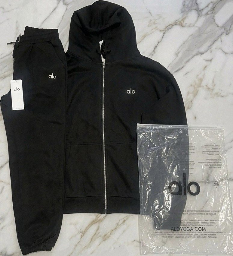 Alo Men’s Black 2-Piece Tracksuit Set Full-Zip Hooded Hoodie Joggers L