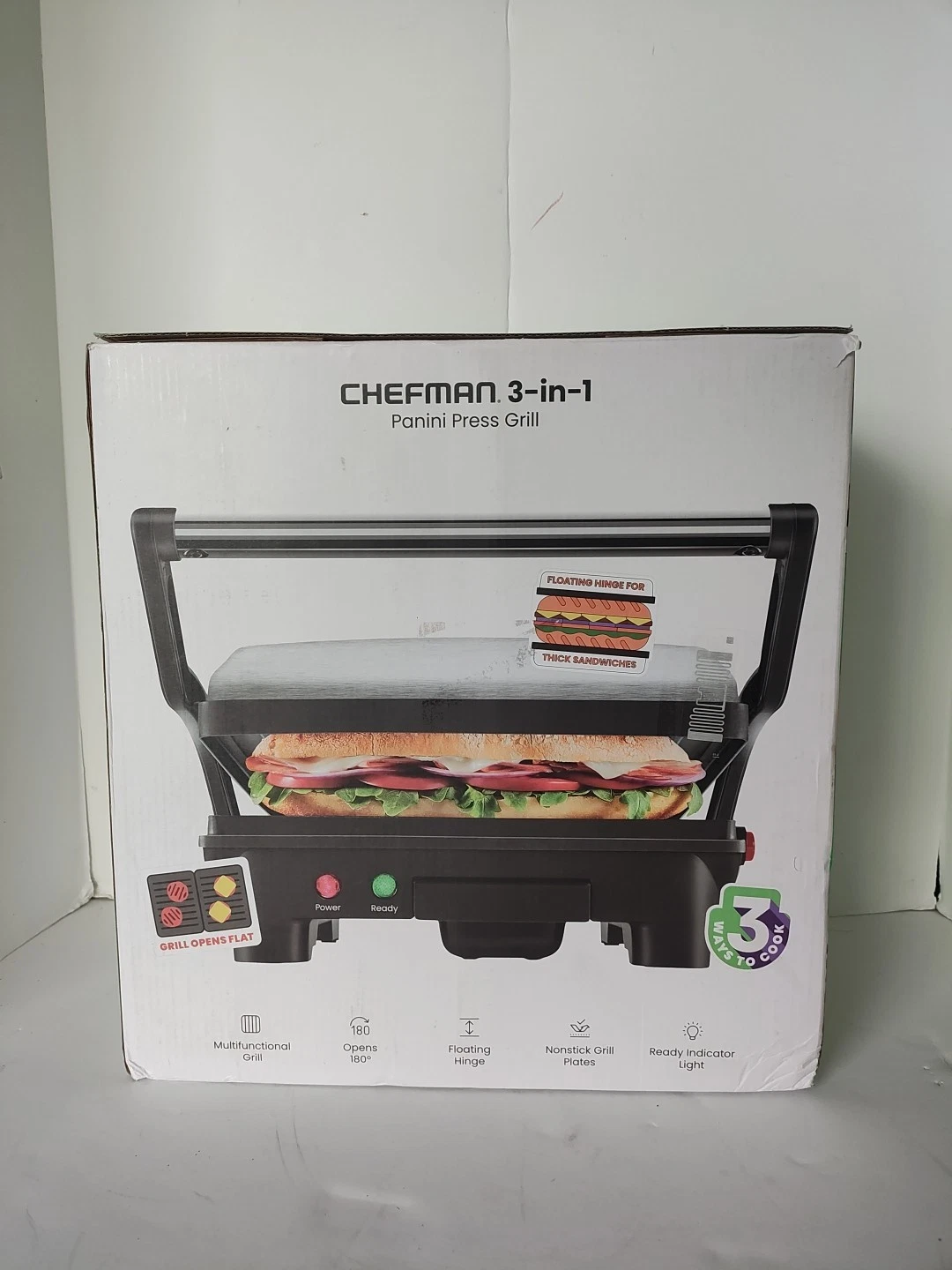 Chefman 3-in-1 Non Stick Electric Indoor Panini Press, Opens Flat to Grill, Cook