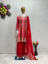 Traditional Wear Heavy Faux Georgette Red Salwar Kameez With Dupatta For Girls