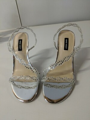 NINE WEST Womens ankle strap slip on silver Heel Sandals Size M  bag376