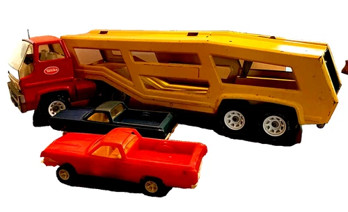 Vintage 1970's  Tonka  Car Carrier Hauler w/ 2 Cars   Pressed Steel