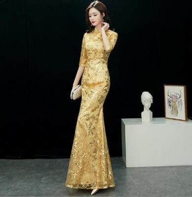 Fishtail Cheongsam Womens Chinese Style Gold Show Evening Gown 3/4 Sleeve  Dress | eBay