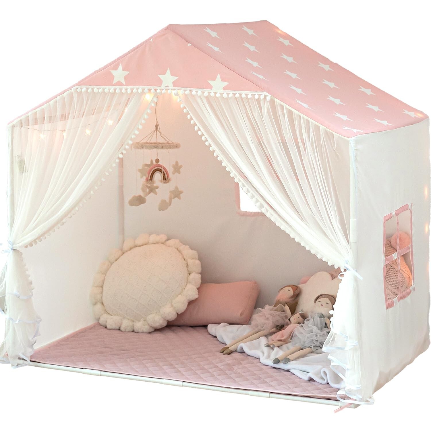 Kids Play Tent with Mat, Large Playhouse Tent with Pompoms Door Curtains, Chi...