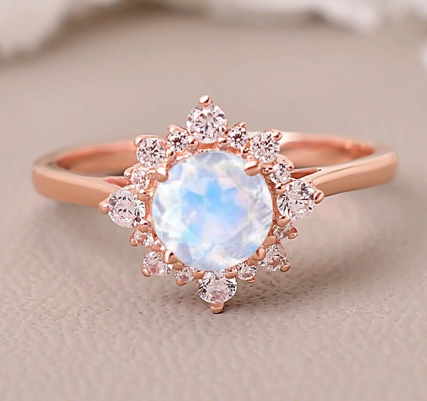 Pear Moonstone Engagement Ring, Rainbow Moonstone Vintage Rose Gold Engagement  Ring With Diamond Halo | Benati