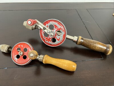 2 VTG Hand Crank Drills Red Wheel Egg Beater Wood Handle