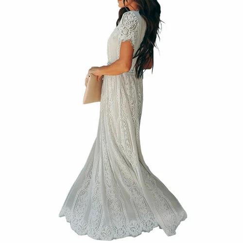 Langes Maxikleid Damen V-Ausschnitt Kurzarm Spitze Party Abend Formell Cocktail - Bild 3 von 9