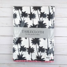 Fabric Tablecloth Tropical Palm Trees Coastal Pink PomPoms 52x52 Square