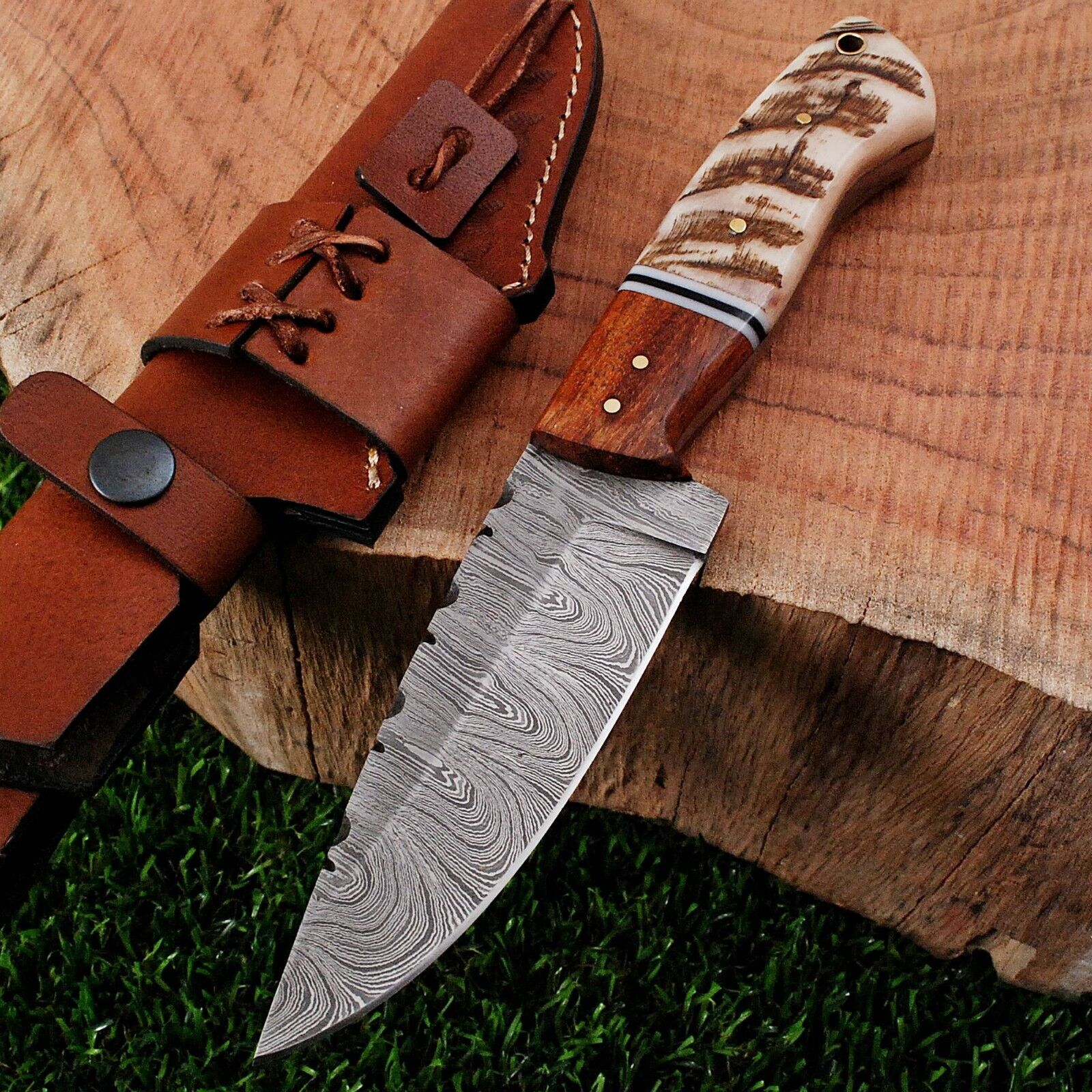 9" Handmade Damascus Steel Ram Horn Handle Hunting Skinner Knife 385
