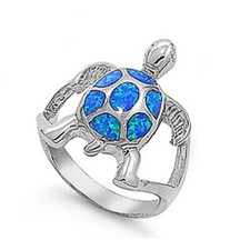 Fine Women 21mm 925 Sterling Silver Simulated Blue Opal Turtle Ring Band