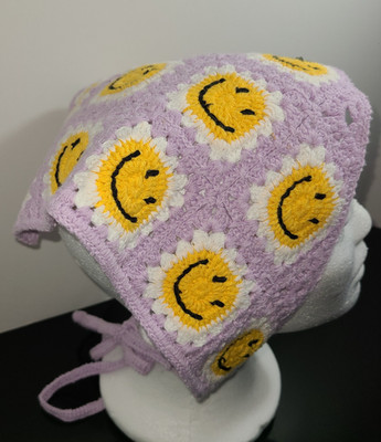 Smiley Face Babushka Style Hair Wrap Head Scarf Bandana Crochet Purple Yellow