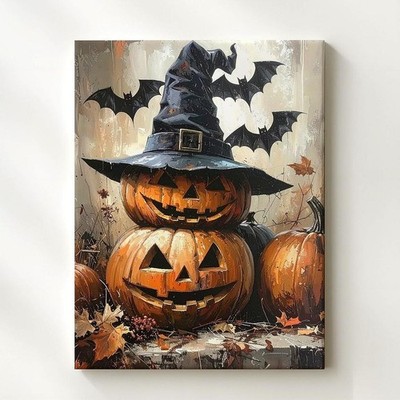 Witch Hat Pumpkin Trio Canvas Mystical Autumn Magic Wall Art