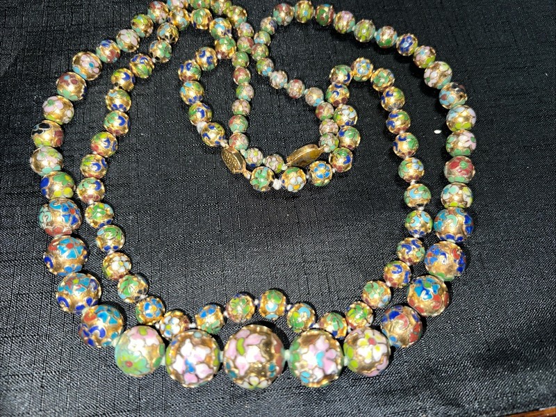 Vintage Chinese Necklace - Cloisonné Enamel Gold Beads Export 28 23.5 Lot 2