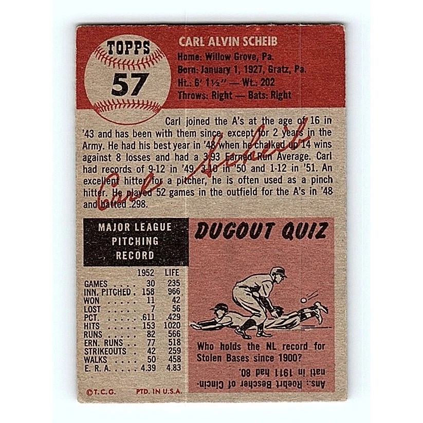 Carl Scheib Signed 1953 Topps #57 Card Philadelphia Athletics Autographed - Image 2 of 2