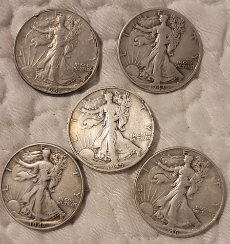 5-Walking Liberty Half Dollars VF- 1941,1943,1945-D,1946,1947  90% Silver