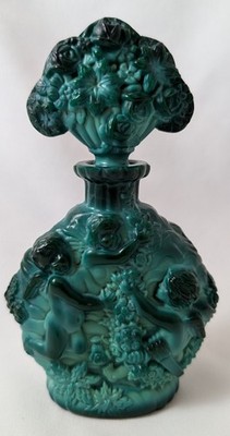 Malachit Glas Jade Grün Tschechisch Böhmisch Cherubs Eitelkeit Parfüm Flakon Vintage